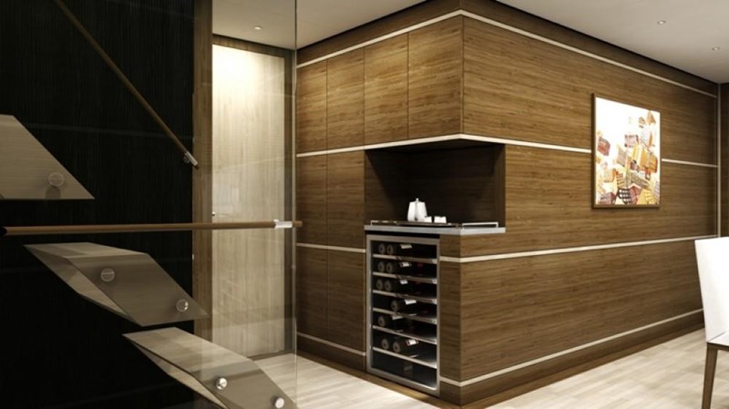 Dining service area with pass through cabinets and side board