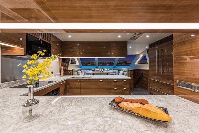 Horizon E100 sistership galley with stone countertops. 