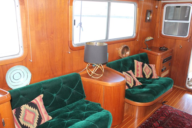 Custom-designed salon seating, starboard