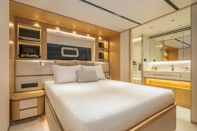 Horizon FD110 Hull 7 VIP stateroom with large window. 