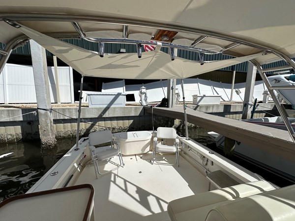 LUNA, 2013 Hunt Yachts Harrier 36: Cockpit w Awning Looking Aft