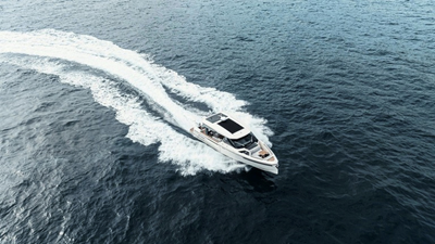ICE 7 Aerial top view of Saxdor 400 GTO ICE yacht showcasing deck layout n Dubai waters.