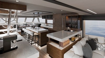 V77s-613 / AVAILABLE SPRING 2026 4 V77s Hull 13 exterior 3D rendering of open galley and country kitchen