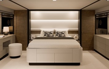 V77s-613 / AVAILABLE SPRING 2026 5 V77s Hull 13 exterior 3D rendering of master stateroom.