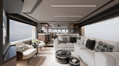 V77s-613 / AVAILABLE SPRING 2026 3 V77s Hull 13 exterior 3D rendering of salon.
