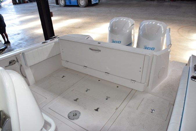 Cockpit with rear seat hatch closed and transom door open. Livewell and fish boxes below deck hatches.