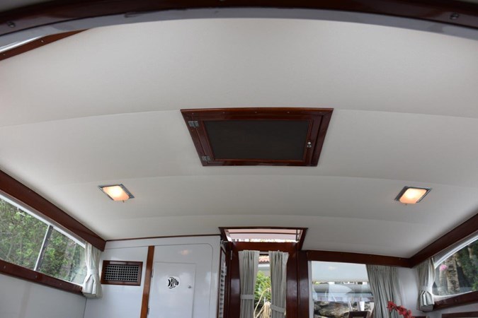 Salon headliner with lights and deck hatch