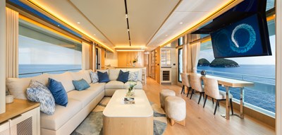 Horizon FD80 Hull 19 salon facing forward with TV and coffee table. 
