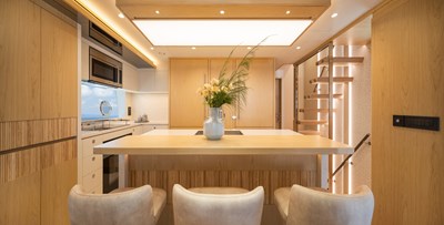 Horizon FD80 Hull 19 galley with bar stools.