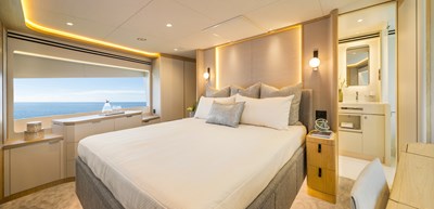 Horizon FD80 Hull 19 Master Stateroom with drawers and large bed.