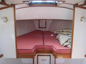 Wasque 32 Downeast Hardtop: V-berth w/ table stowed
